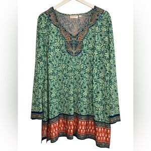 Belle by Kim Gravel Floral Boho Print Knit Top Paisley Tapestry Popover Green 2X